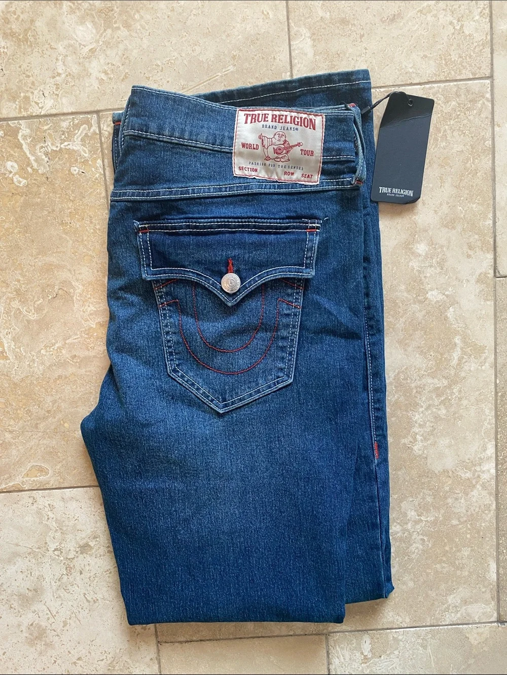 True Religion Men's Dark Blue Slim Straight Jeans with Red Stitching